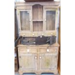 Victorian rustic stripped pine small Cornish dresser, the back with two glazed doors and four