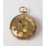 14ct gold cased foliate engraved pocket watch, the gilt dial with Roman Numerals & subsidiary