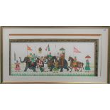 Indian gouache on silk panel depicting a procession of figures on elephant and horseback, 37cm x