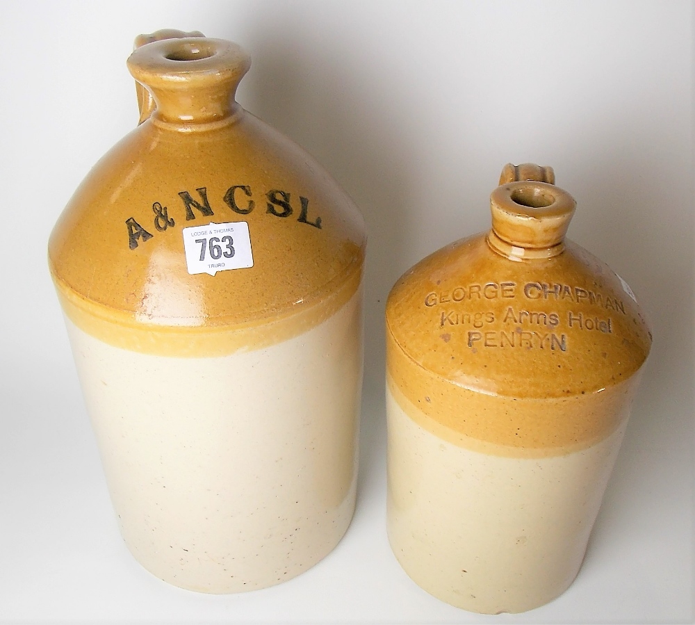 Two advertising stoneware flagons, one by Price, Bristol impressed 'GEORGE CHAPMAN, KINGS ARMS