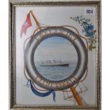 Victorian white opaque glass painted panel painted with a steamship within a lifebuoy & inscribed '