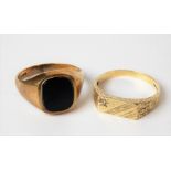 Two gent's 9ct hallmarked gold rings, one set with an onyx, weight overall 9.1g approx.