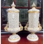 Pair of Worcester Grainger blush Ivory reticulated pedestal lidded vases.