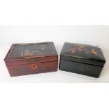 Japanese black lacquer rectangular box, the lid painted with a flower; together with a red and black
