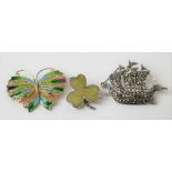 925 silver filigree & enamel butterfly brooch, width 35mm; together with a silver & marcasite set