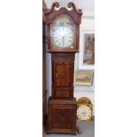 19th Century thirty hour longcase clock, the 12in arched painted dial with landscape scenes & with