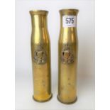 Pair of WWI trench art shell vases with applied military badge for Royal Army Ordnance Corps, height