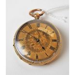 14k foliate engraved cased fob watch with 33mm gilt textured dial with Roman Numerals, with base