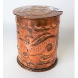 Newlyn copper Arts and Crafts 'Tea' caddy, of lidded cylindrical section, the lid inscribed 'Tea',