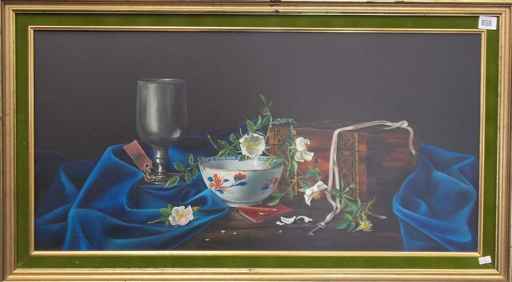 TED DYER Still life with marquetry box, bowl and goblet. Oil on canvas. Signed. 39cm x 79cm.