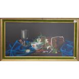 TED DYER Still life with marquetry box, bowl and goblet. Oil on canvas. Signed. 39cm x 79cm.