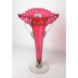 Victorian cranberry glass Jack in the Pulpit vase with frilled rim and clear twin handles, height