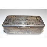 Good Russian silver & niello hinge-lidded snuff box decorated on all sides with buildings within