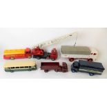 Six various Dinky Toys diecast vehicles, including a Jones Fleetmaster no. 970, a Mercedes-Benz