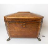 George III rosewood boxwood strung tea caddy, rectangular with canted corners, the hinged lid