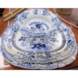 19th Century blue and white transfer printed real stone china tablewares, 'Peruvian' pattern pair of