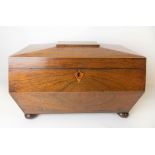 19th Century rosewood boxwood strung tea caddy of sarcophagus form, the quarter veneered hinge-lid