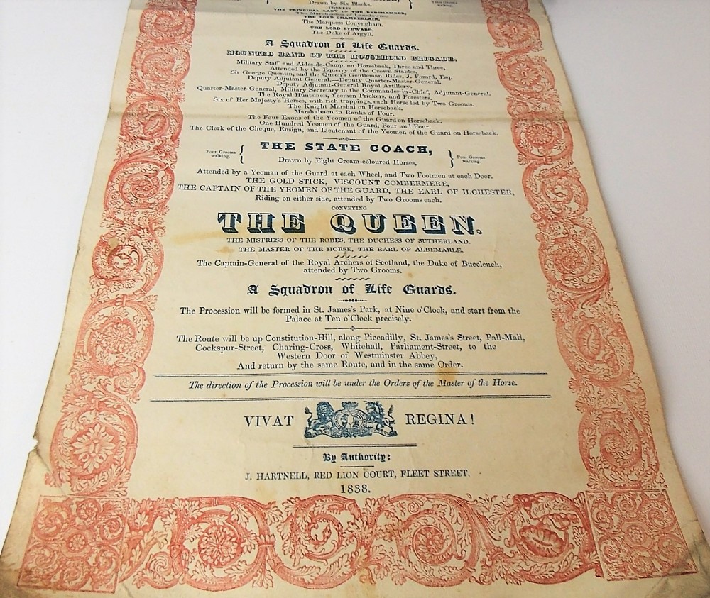 A rare Queen Victoria Coronation State procession scroll, printed in blue and red on paper by J. - Image 4 of 4