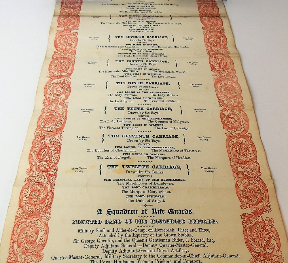 A rare Queen Victoria Coronation State procession scroll, printed in blue and red on paper by J. - Image 3 of 4
