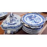 19th Century blue and white transfer printed real ironstone china dinnerwares in chinoiserie