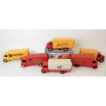 Four Dinky Toys diecast Guy lorries with advertising (restored); together with two Bedford Heinz no.
