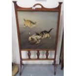 Edwardian walnut frame fire screen with Chinese silk painted panel depicting three kittens, height