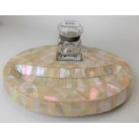 Victorian mother of pearl applied oval ink stand with glass moulded hinge lidded square section