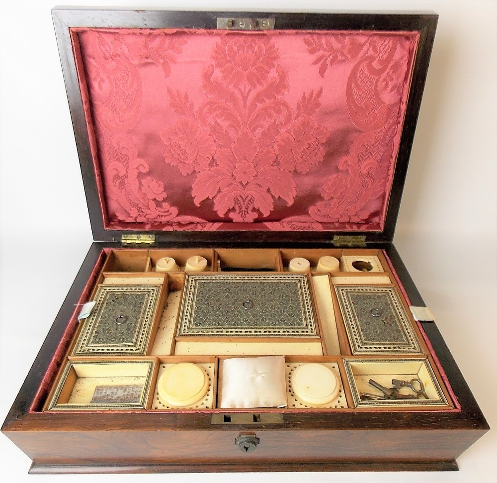 Victorian rosewood mother of pearl inlaid sarcophagus form workbox, the caddy top hinged to reveal - Image 2 of 2