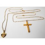 9ct gold cross pendant necklace; together with another 9ct gold pendant necklace, weight overall 7.