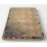 Victorian silver rectangular card case, engraved with a woven design, hinged to reveal a leather