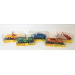 Five Dinky Toys diecast vehicles, including a Rolls Royce Silver Shadow no. 158 and a Jaguar E-