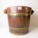 Oak brass coopered bucket with rope handle, height 30cm