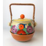 Clarice Cliff bizarre 'Gayday' pattern lidded biscuit barrel with woven handle, black printed