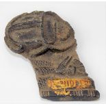 Ancient Egyptian carved stone scarab amulet fragment with gilded hieroglyphs and figures, width