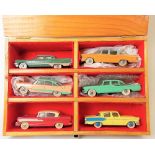 Six Dinky Toys diecast American cars, including a Plymouth Plaza no. 178 and a Hudson Hornet no.