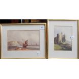 Two 19th Century watercolour landscapes, one a beach scene with boats, the other a ruined castle (