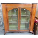 Early 20th Century mahogany marquetry inlaid low display cabinet with ribbon & harebell swag inlay &