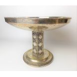 WMF Arts and Crafts electro plated pedestal tazza, the bowl with beaded rim, raised over a hexagonal