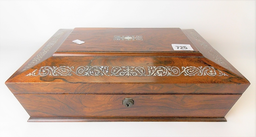 Victorian rosewood mother of pearl inlaid sarcophagus form workbox, the caddy top hinged to reveal