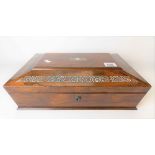 Victorian rosewood mother of pearl inlaid sarcophagus form workbox, the caddy top hinged to reveal