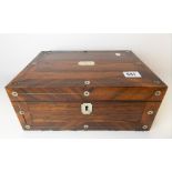 Victorian rosewood mother of pearl inlaid rectangular hinge-lidded workbox, the hinged lid revealing