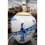 Chinese blue & white ovoid ginger jar, painted with female figures within an interior & figures