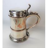 18th Century Old Sheffield plated tankard, the hinged domed lid with acanthus scroll thumbpiece