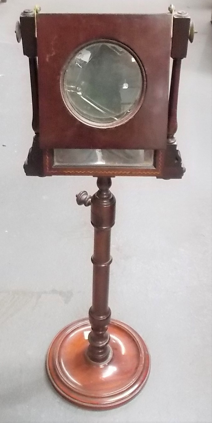 19th Century turned mahogany pedestal shaving mirror with hinged boxwood & ebony inlaid magnifying