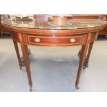 George III mahogany inlaid demi-lune side table, with single frieze drawer on square tapering