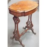 Victorian burr walnut veneered work table, the moulded shaped top hinged to reveal a fitted