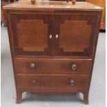 Early 19th Century mahogany cross-banded pot cupboard with pair of hinged doors over two drawers,
