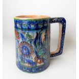 Iznik earthenware foliate scroll painted mug with slightly dripped glazed, height 15cm