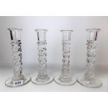 Set of four heavy blown glass candlesticks with barley twist stems, height 20cm