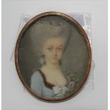 18th Century portrait miniature on ivory of a young woman, within rose gold frame (untested),